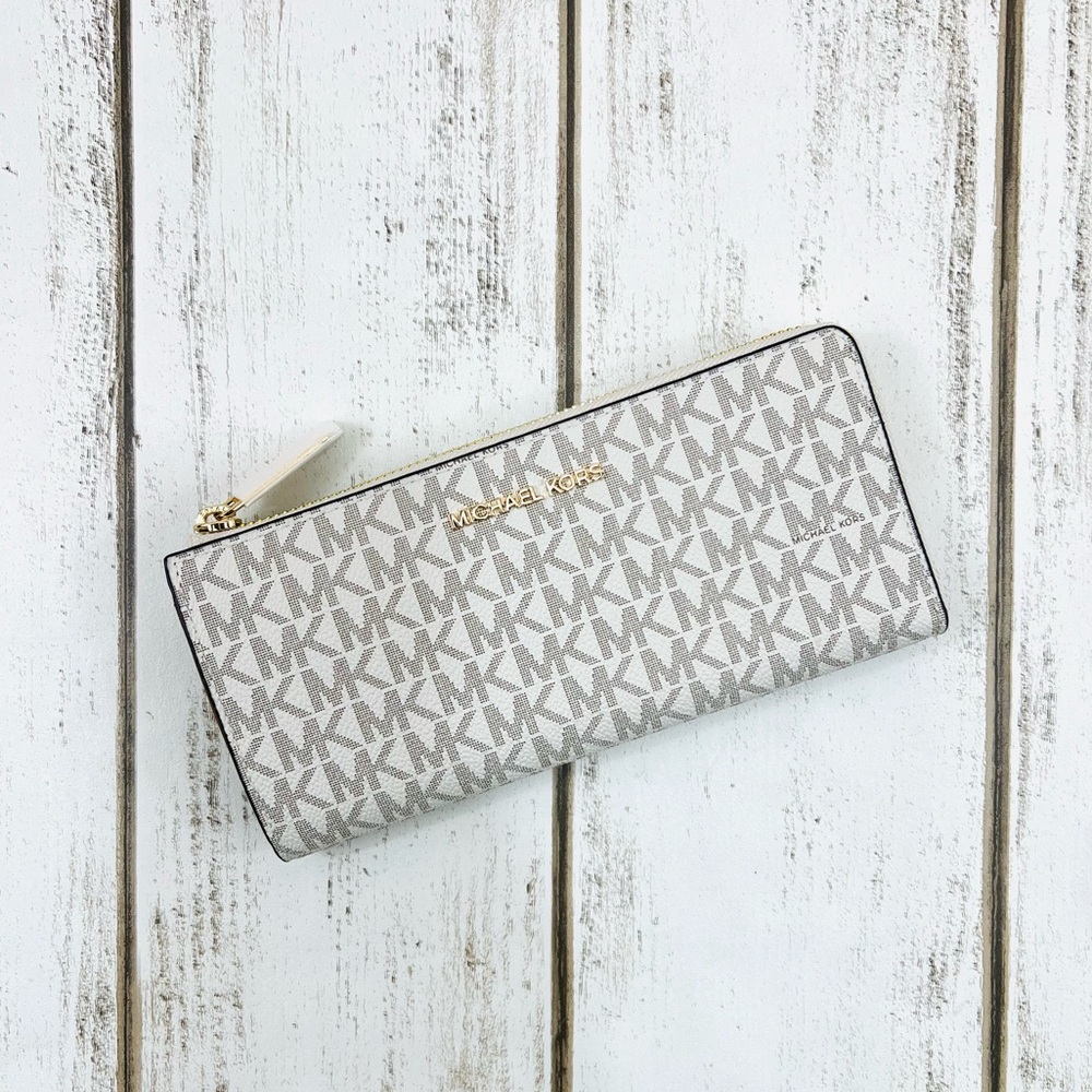 Michael Kors Signature Logo Three Quarter Zip Wallet Vanilla White